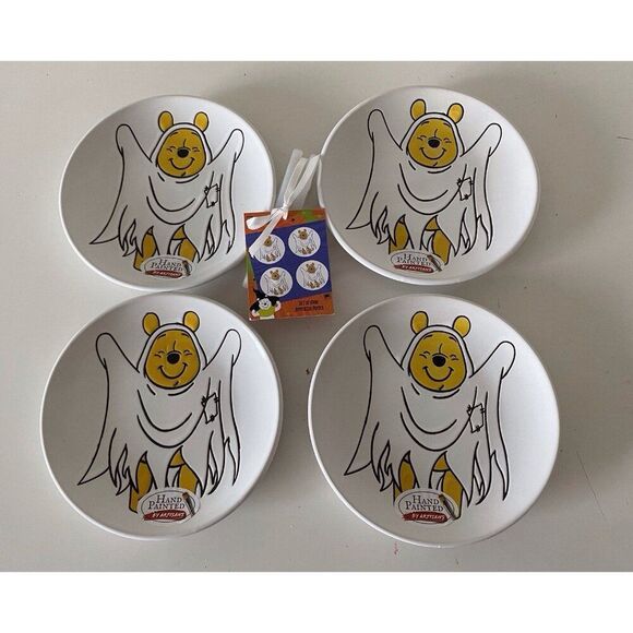 Set Of 4 Disney Winnie The Pooh Halloween Ghost Ceramic Appetizer Plates NEW - Picture 1 of 10